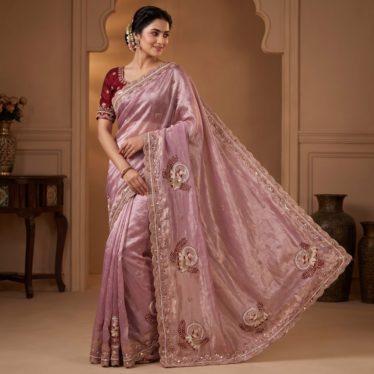 Pure Fandy Sattin Silk With Beautiful Original Rose Gold Beads Saree