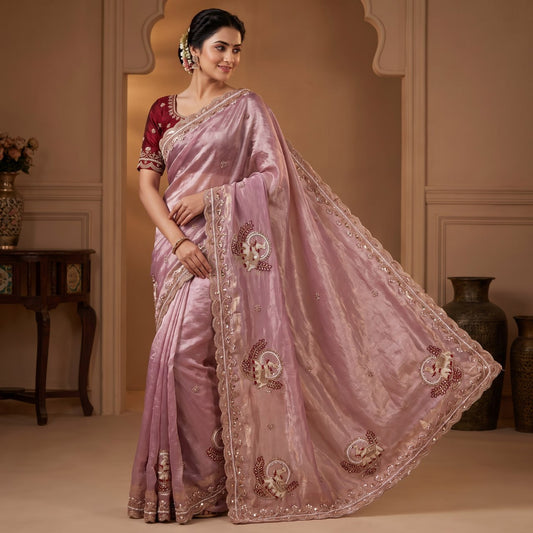 Pure Fandy Sattin Silk With Beautiful Original Rose Gold Beads Saree