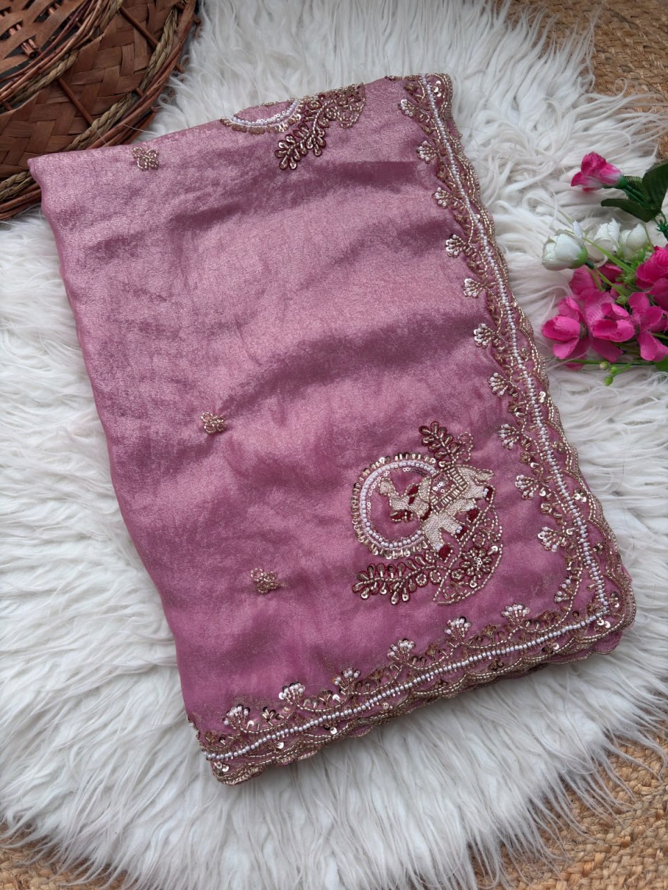 Pure Fandy Sattin Silk With Beautiful Original Rose Gold Beads Saree