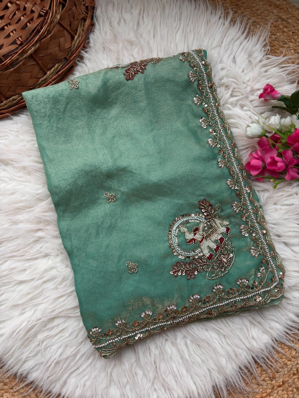 Pure Fandy Sattin Silk With Beautiful Original Rose Gold Beads Saree