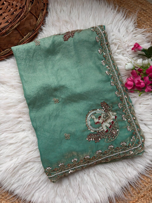 Pure Fandy Sattin Silk With Beautiful Original Rose Gold Beads Saree