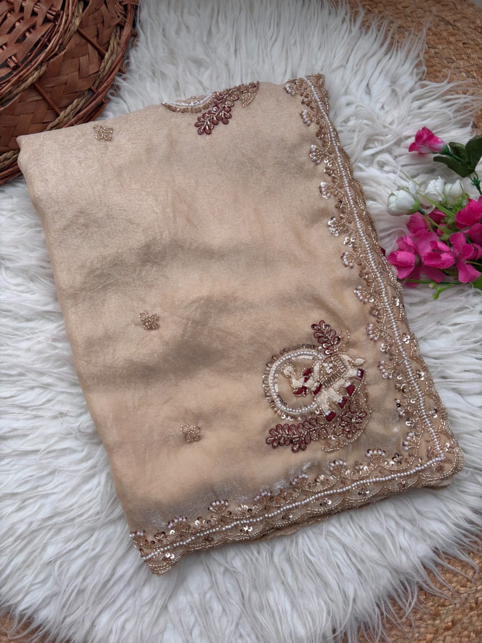 Pure Fandy Sattin Silk With Beautiful Original Rose Gold Beads Saree