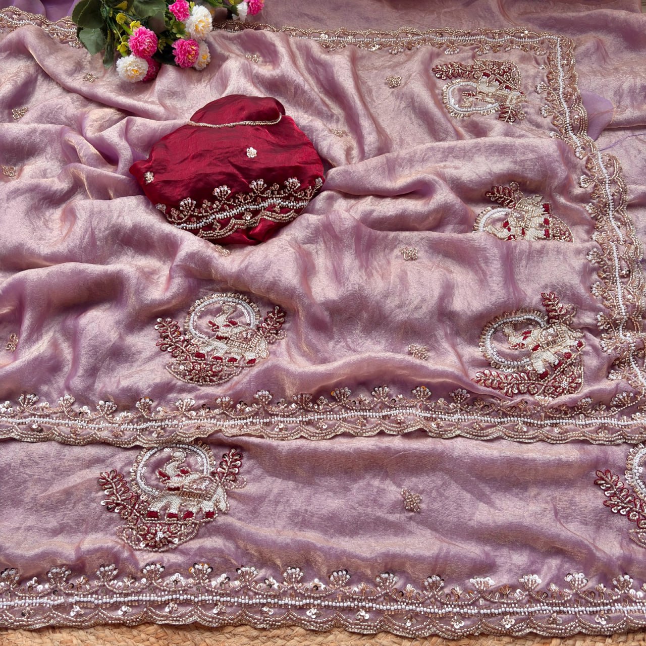 Pure Fandy Sattin Silk With Beautiful Original Rose Gold Beads Saree