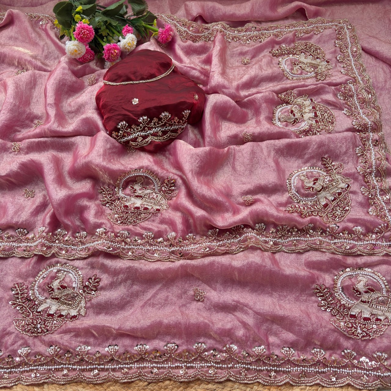Pure Fandy Sattin Silk With Beautiful Original Rose Gold Beads Saree