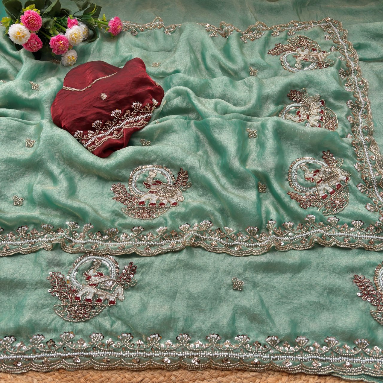 Pure Fandy Sattin Silk With Beautiful Original Rose Gold Beads Saree