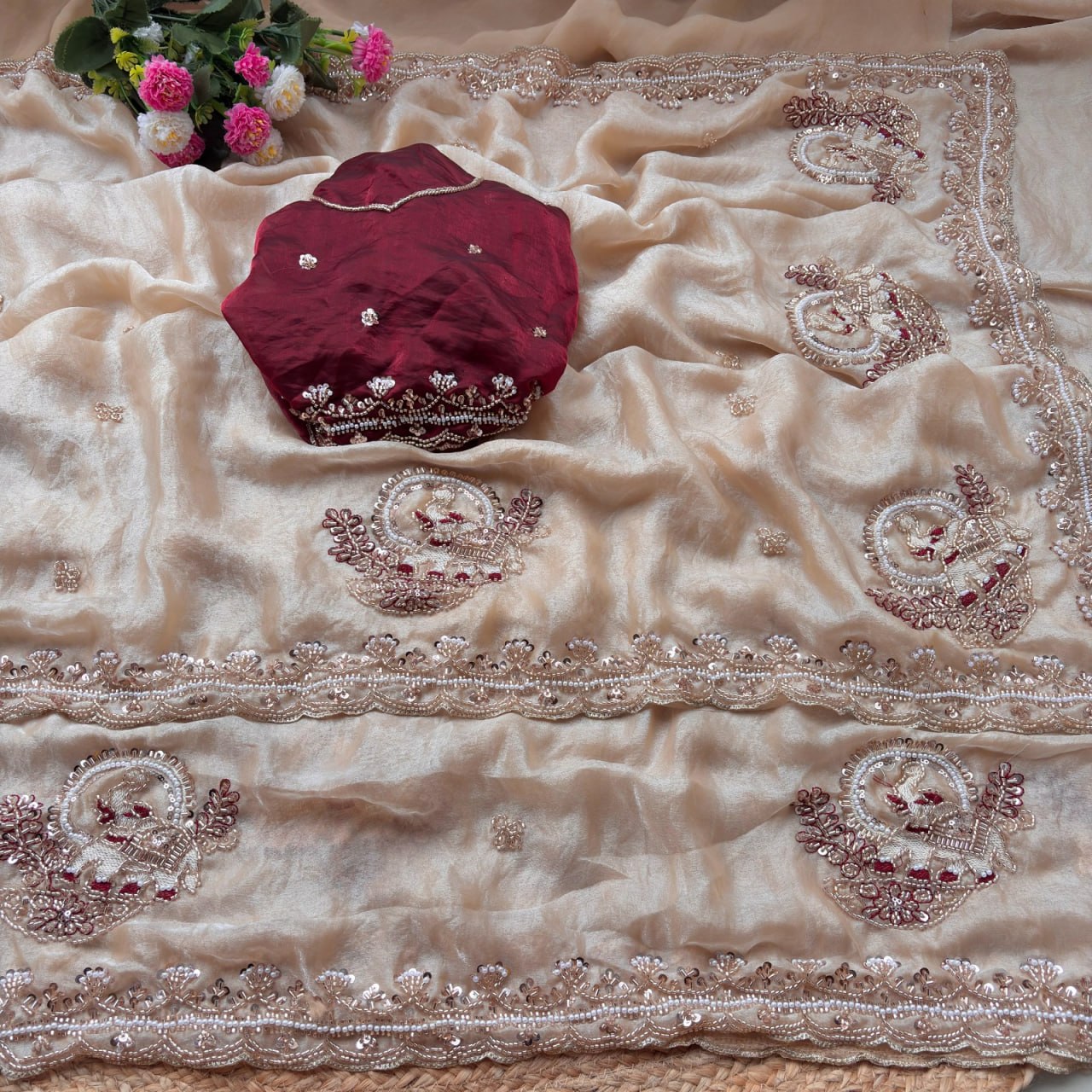 Pure Fandy Sattin Silk With Beautiful Original Rose Gold Beads Saree