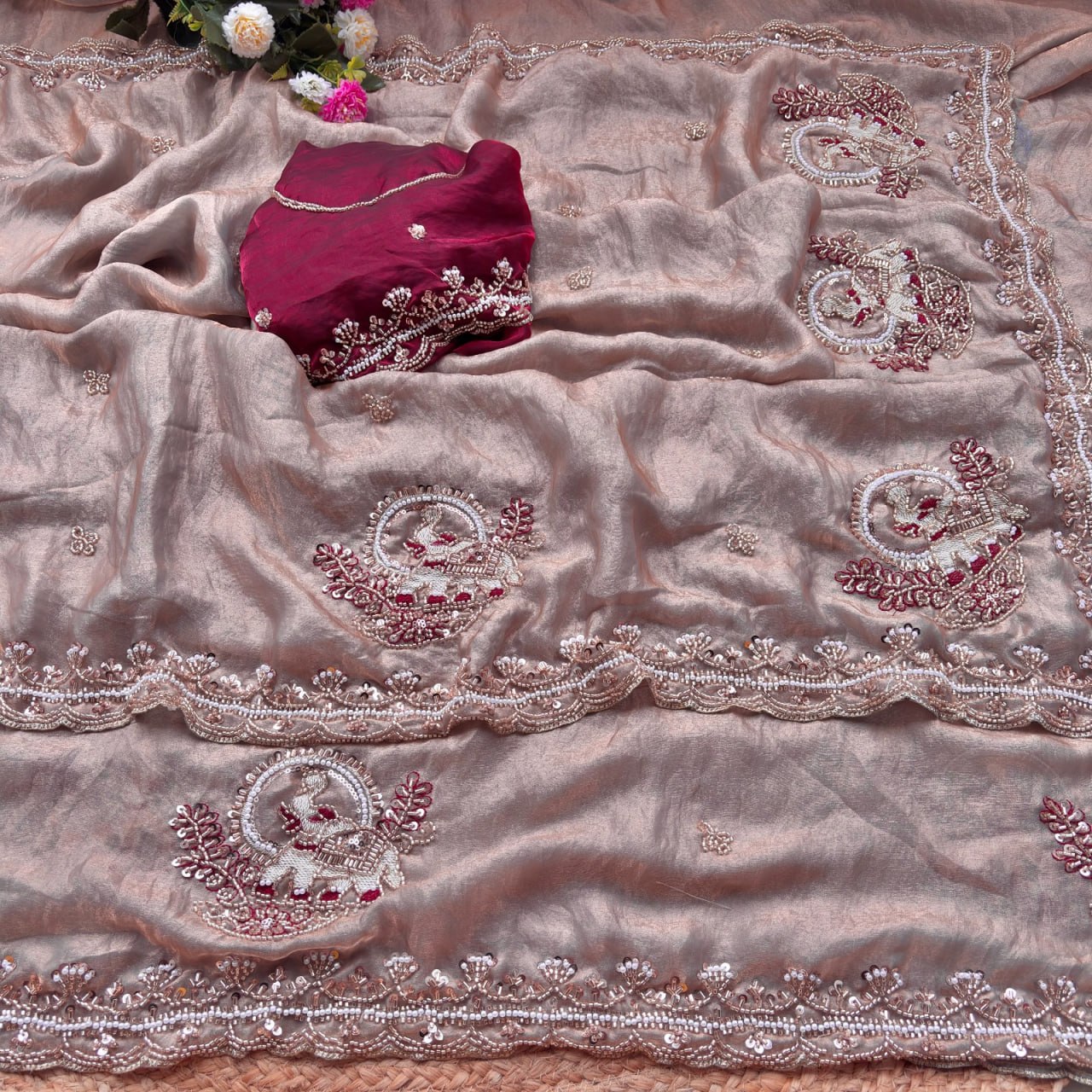 Pure Fandy Sattin Silk With Beautiful Original Rose Gold Beads Saree