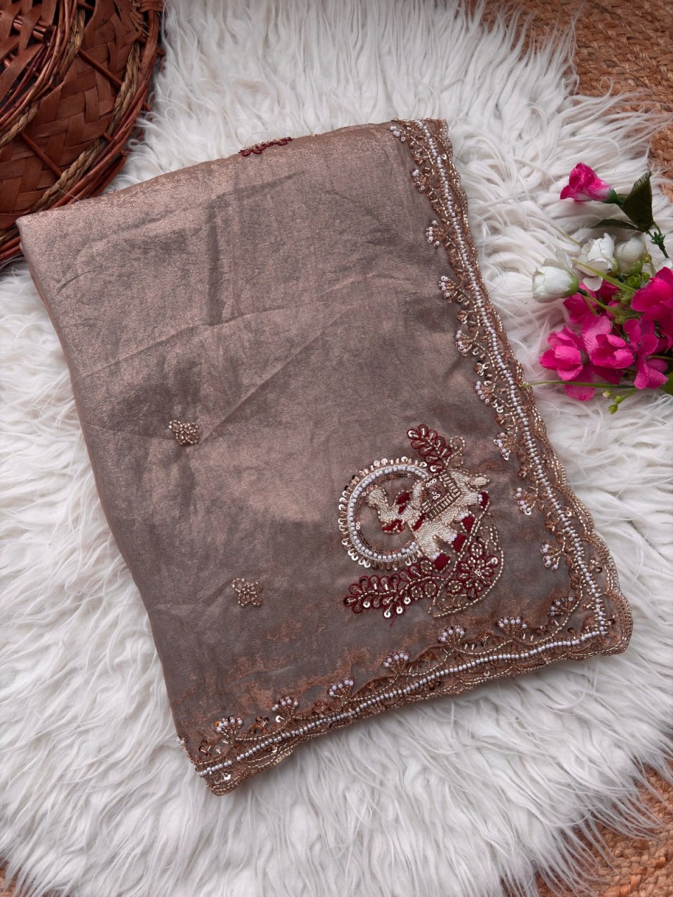 Pure Fandy Sattin Silk With Beautiful Original Rose Gold Beads Saree