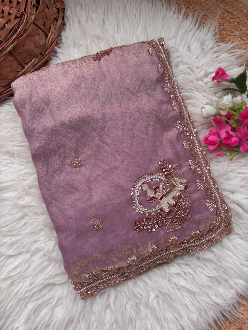 Pure Fandy Sattin Silk With Beautiful Original Rose Gold Beads Saree