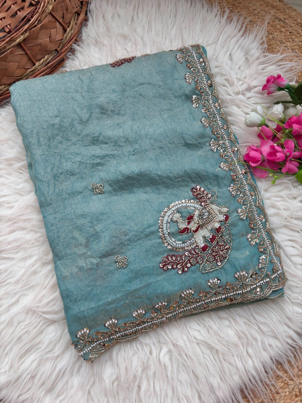 Pure Fandy Sattin Silk With Beautiful Original Rose Gold Beads Saree