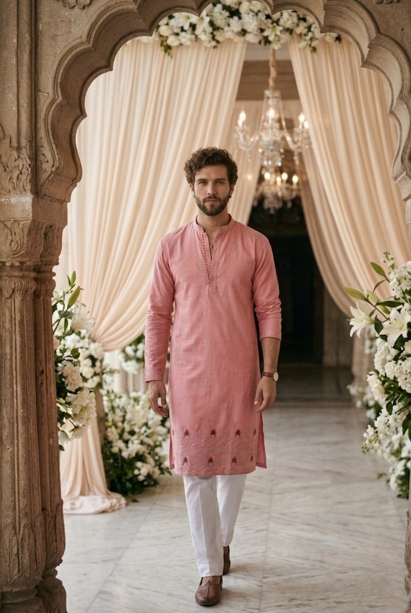 Traditional Wedding Collection Cotton Embroidery Work Men's Kurta