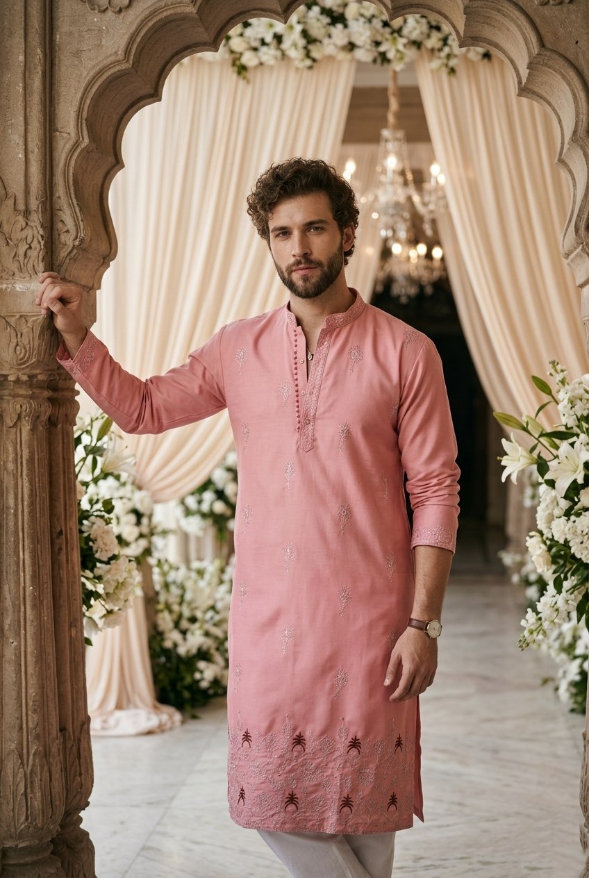 Traditional Wedding Collection Cotton Embroidery Work Men's Kurta