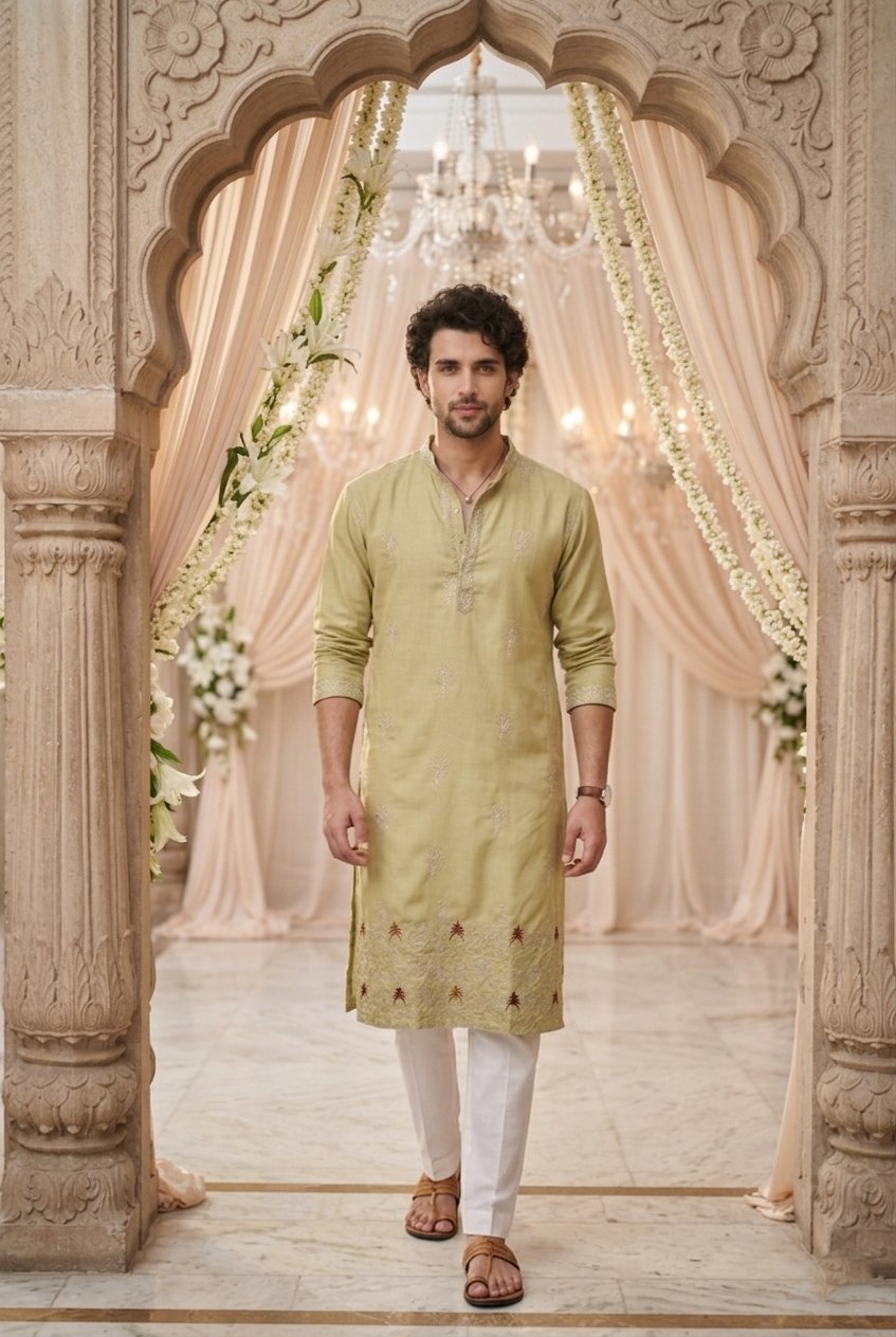 Traditional Wedding Collection Cotton Embroidery Work Men's Kurta