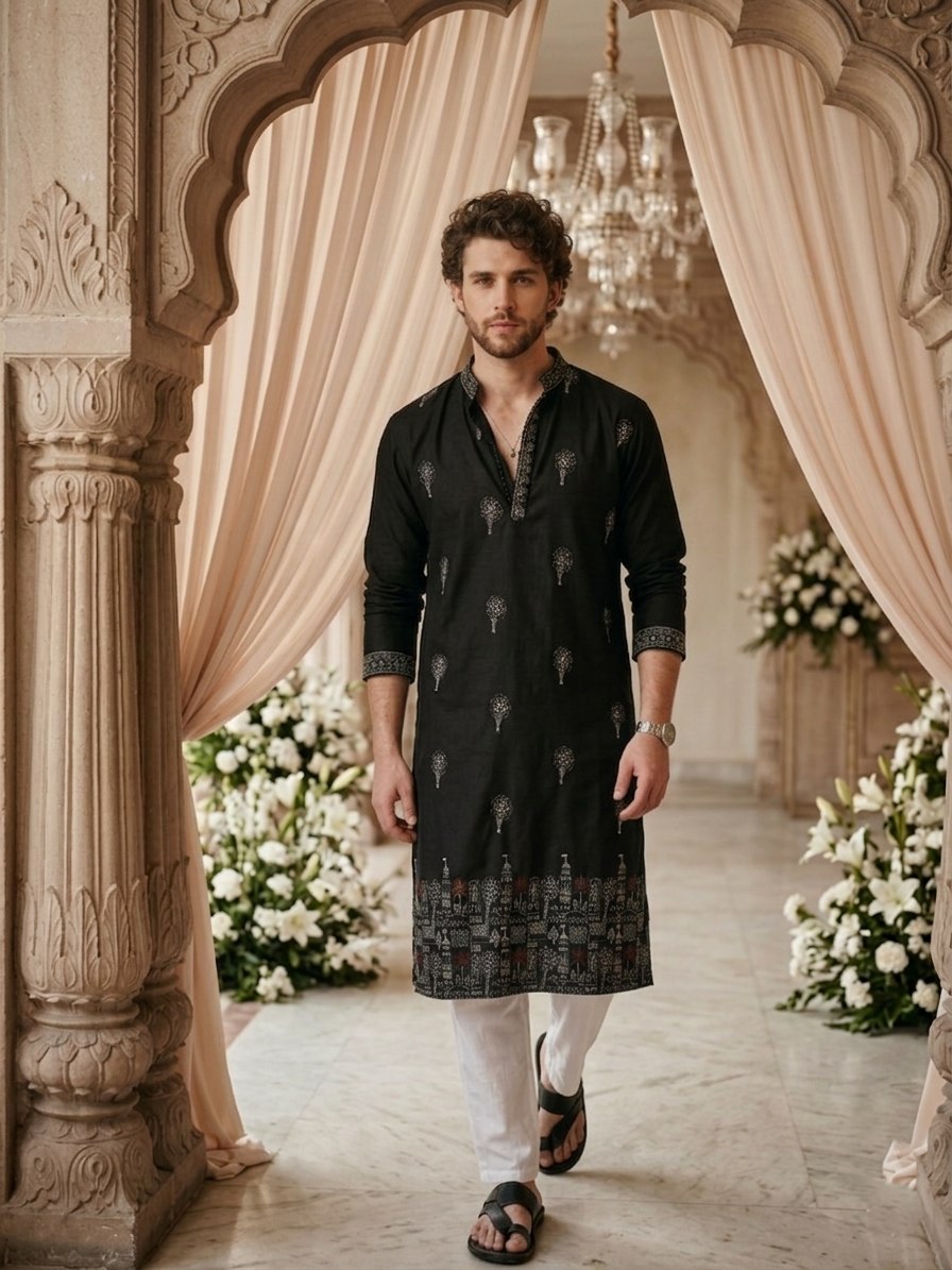 Traditional Wedding Collection Cotton Embroidery Work Men's Kurta