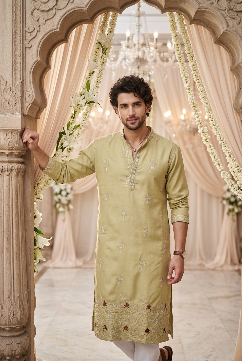 Traditional Wedding Collection Cotton Embroidery Work Men's Kurta