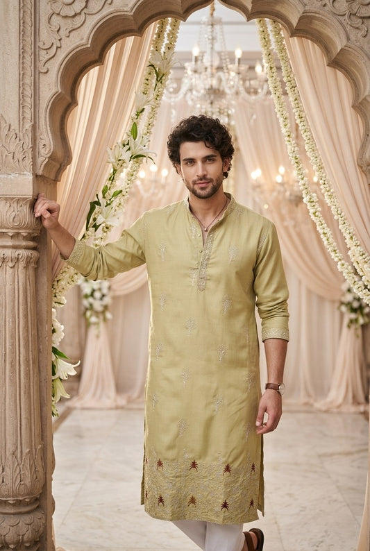 Traditional Wedding Collection Cotton Embroidery Work Men's Kurta