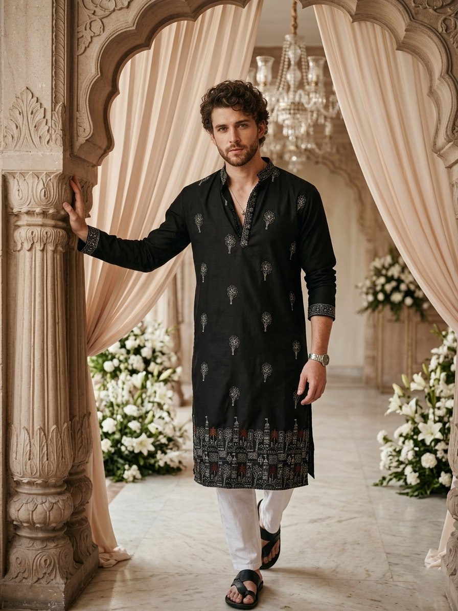 Traditional Wedding Collection Cotton Embroidery Work Men's Kurta