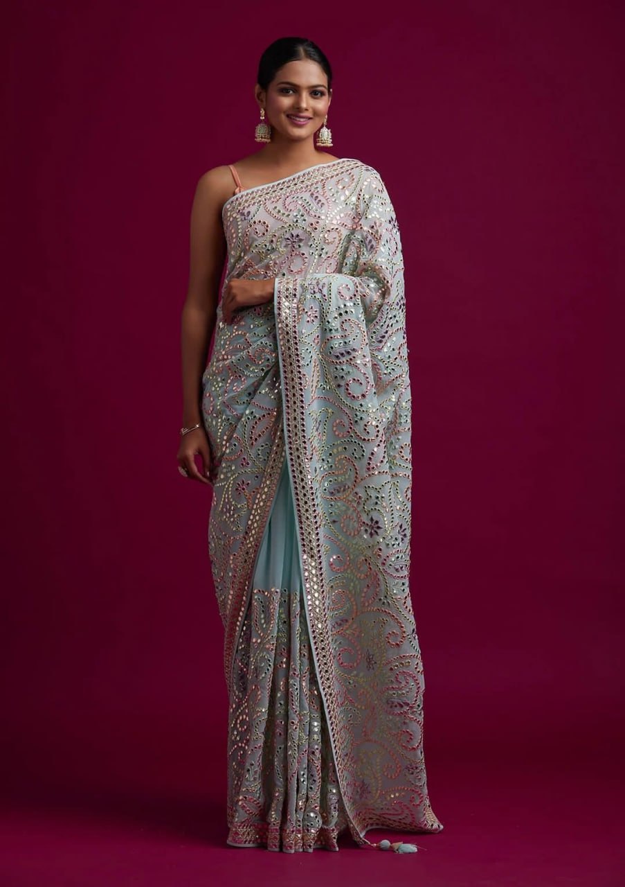 Heavy Vichitra Silk Embroidery Multy Colour Threads Saree