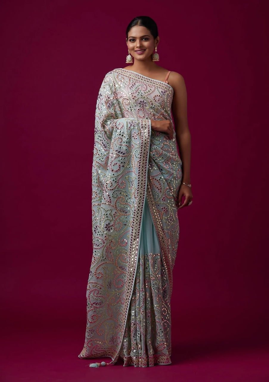 Heavy Vichitra Silk Embroidery Multy Colour Threads Saree