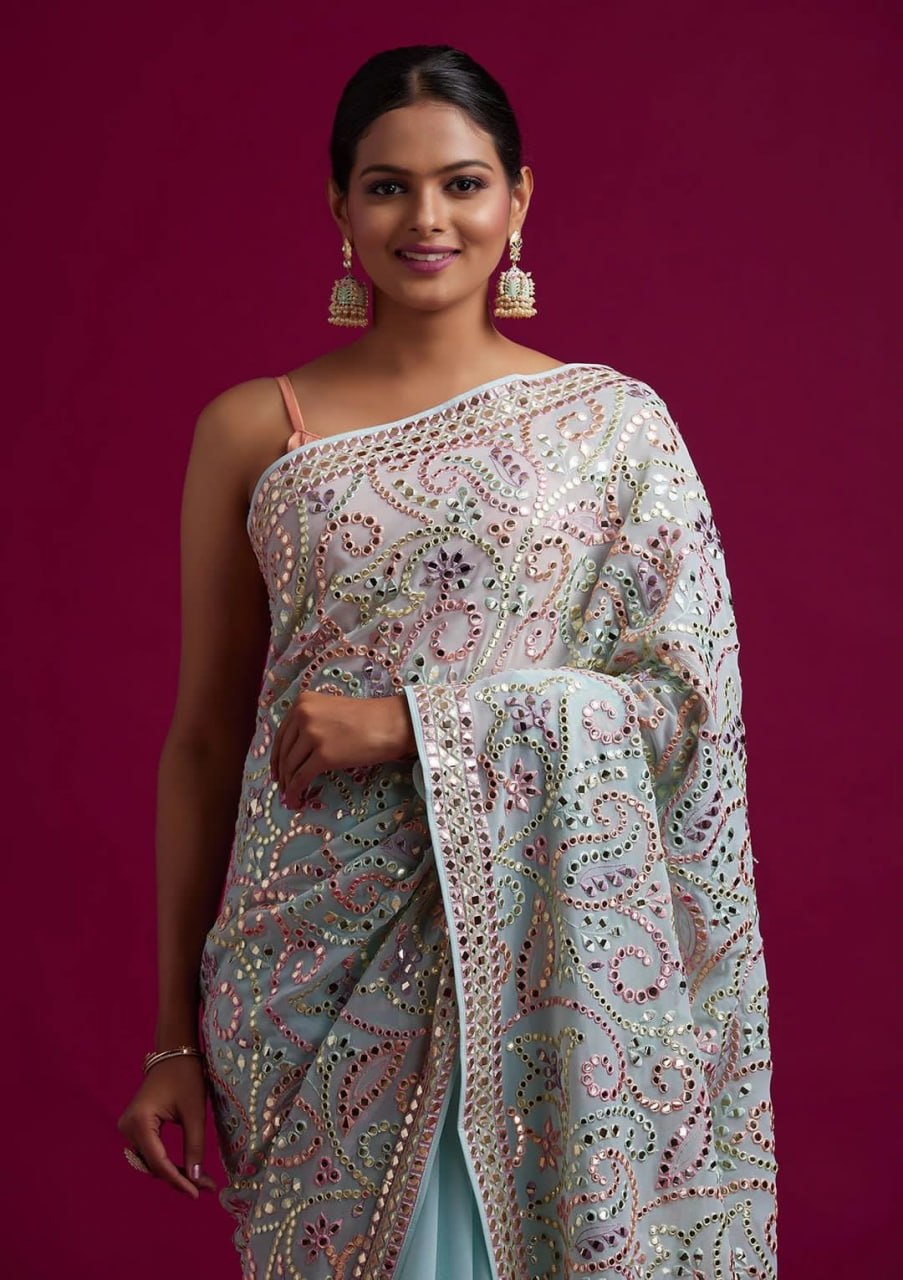 Heavy Vichitra Silk Embroidery Multy Colour Threads Saree