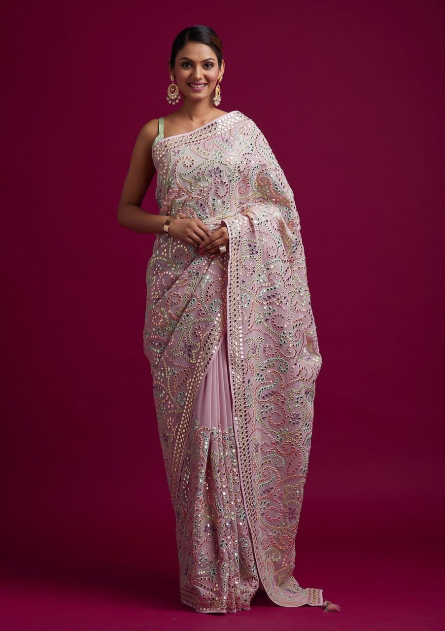 Heavy Vichitra Silk Embroidery Multy Colour Threads Saree