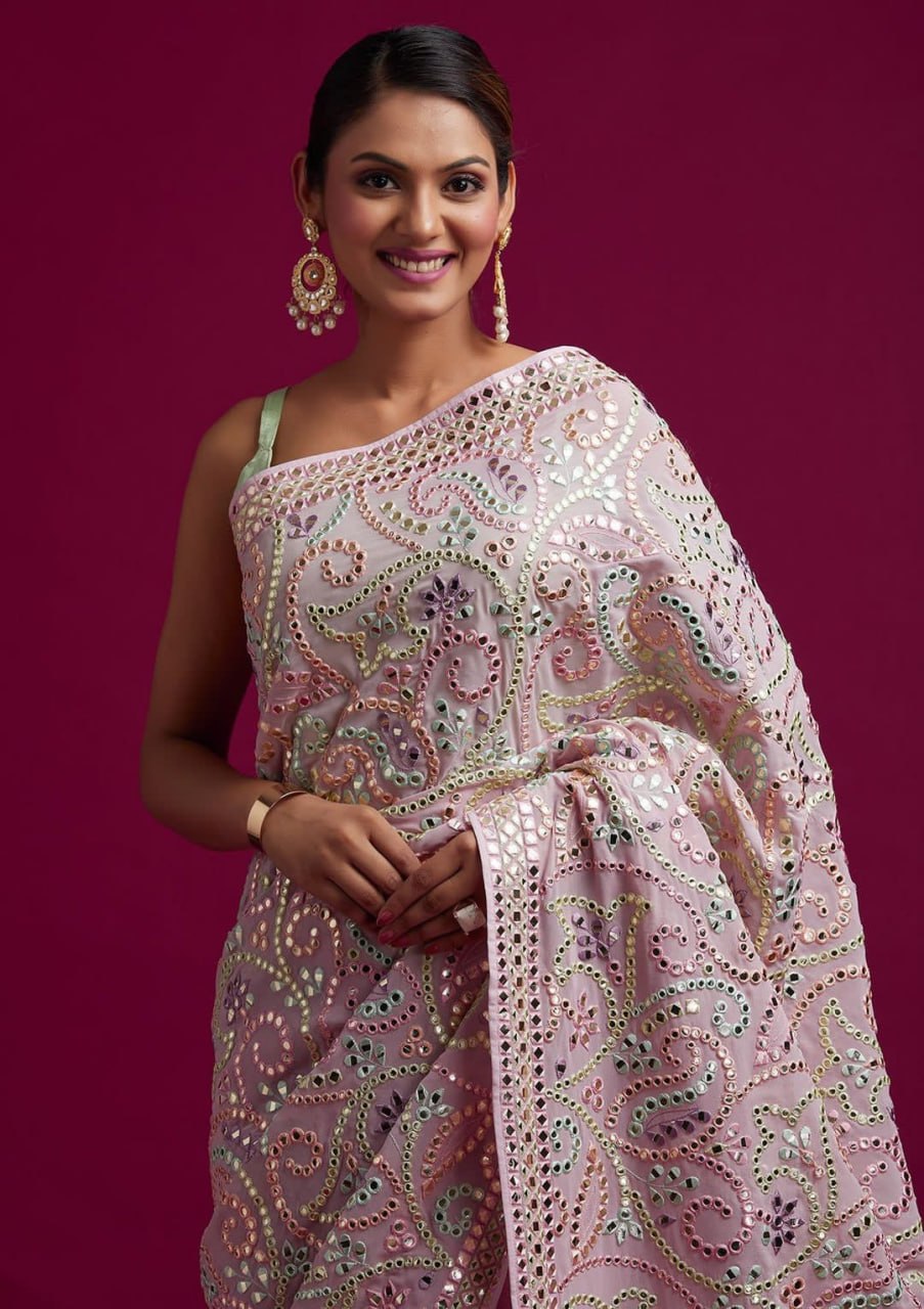 Heavy Vichitra Silk Embroidery Multy Colour Threads Saree