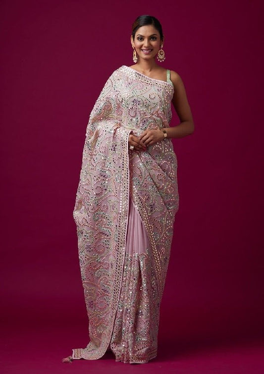 Heavy Vichitra Silk Embroidery Multy Colour Threads Saree