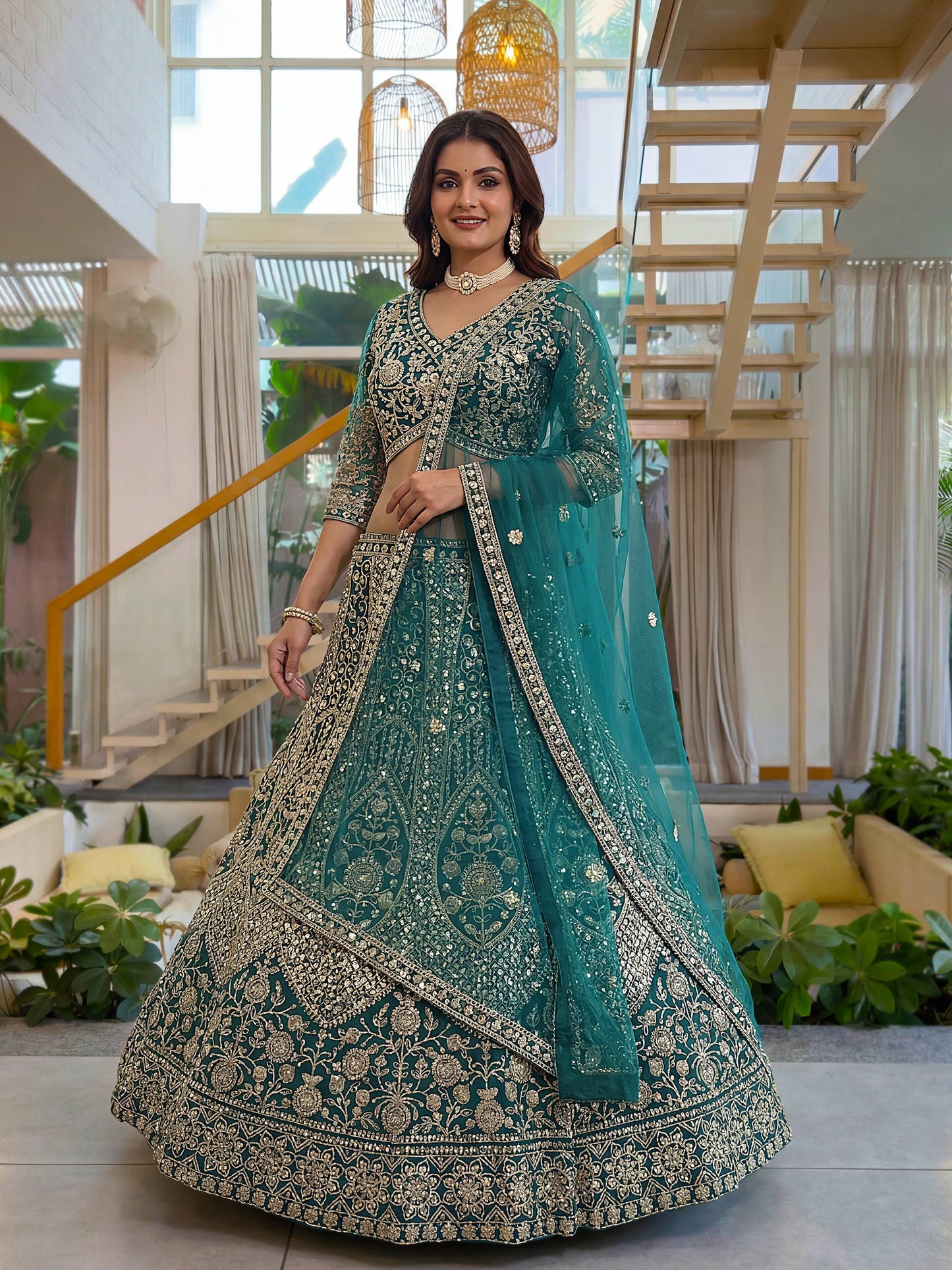 Butterfly Net Sequins and Codding Embroidery Work Lehenga