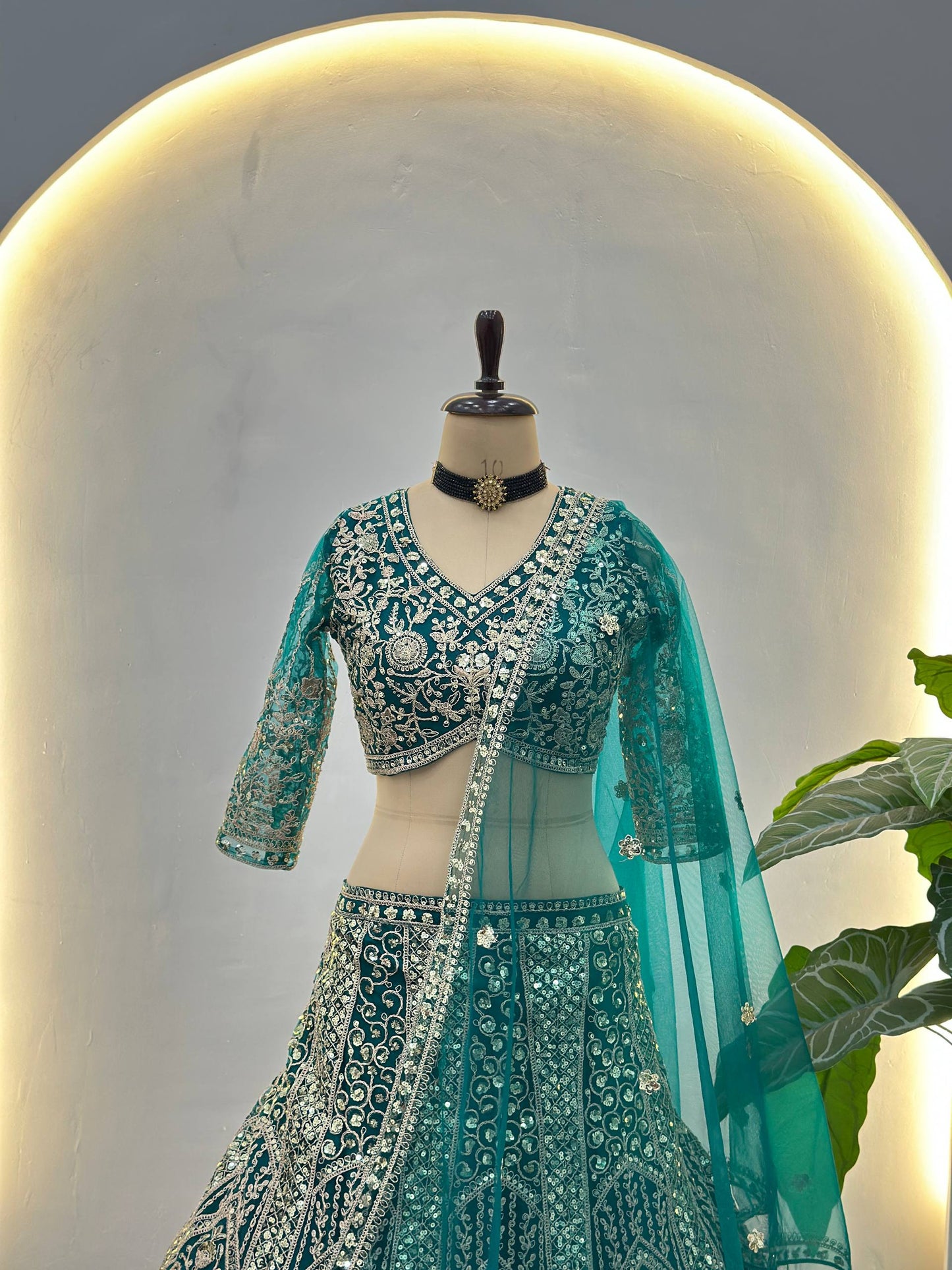 Butterfly Net Sequins and Codding Embroidery Work Lehenga