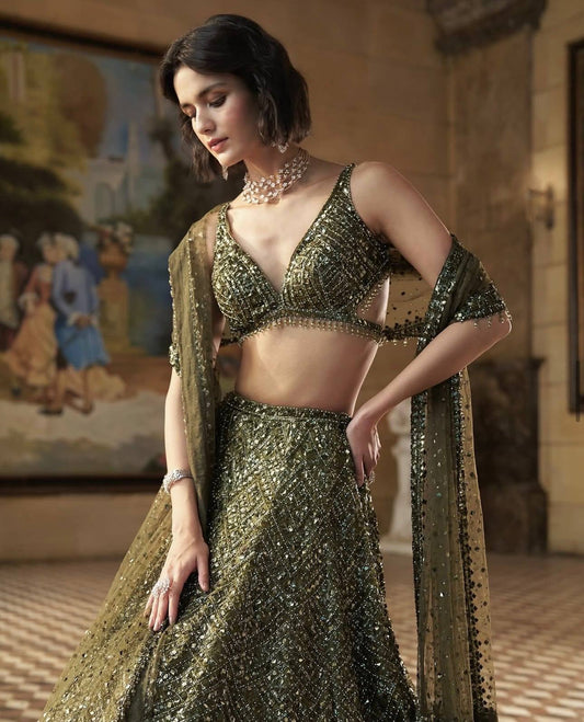 Chinon silk lehenga with Dori sequins & thread work choli