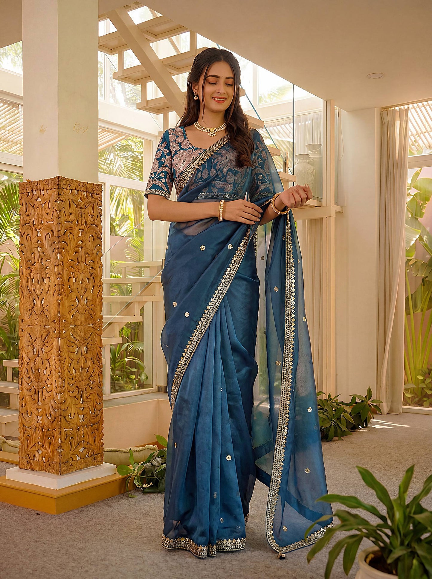 Art Satin Silk Sequins Embroidery Work Saree