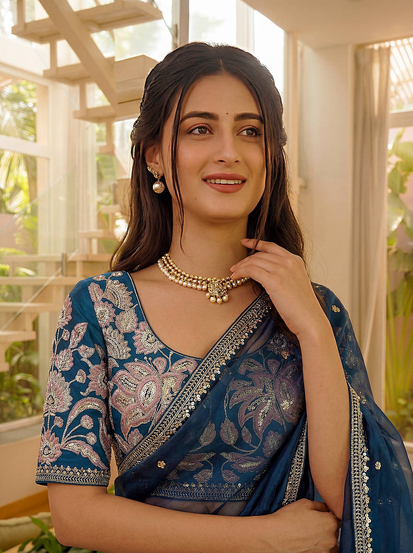 Art Satin Silk Sequins Embroidery Work Saree