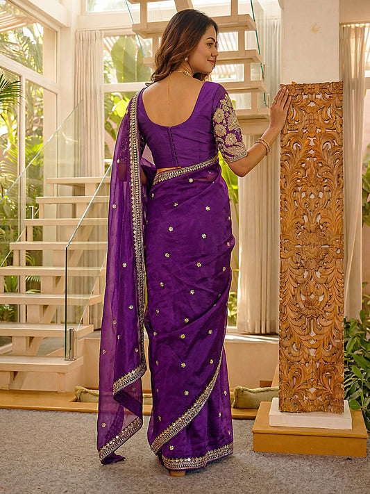 Art Satin Silk Sequins Embroidery Work Saree