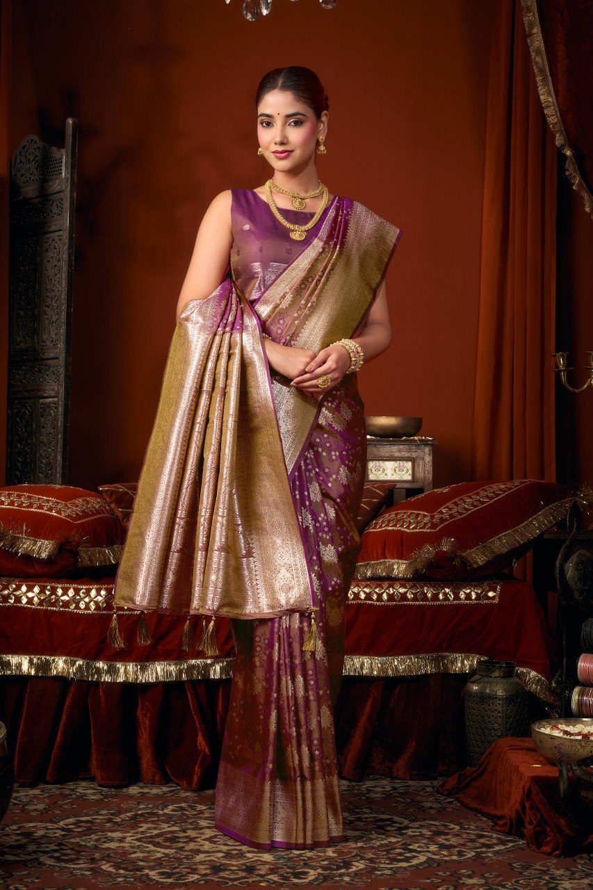Self Jacquard Soft Silk Saree With Rich Zari Weaving & Tassels