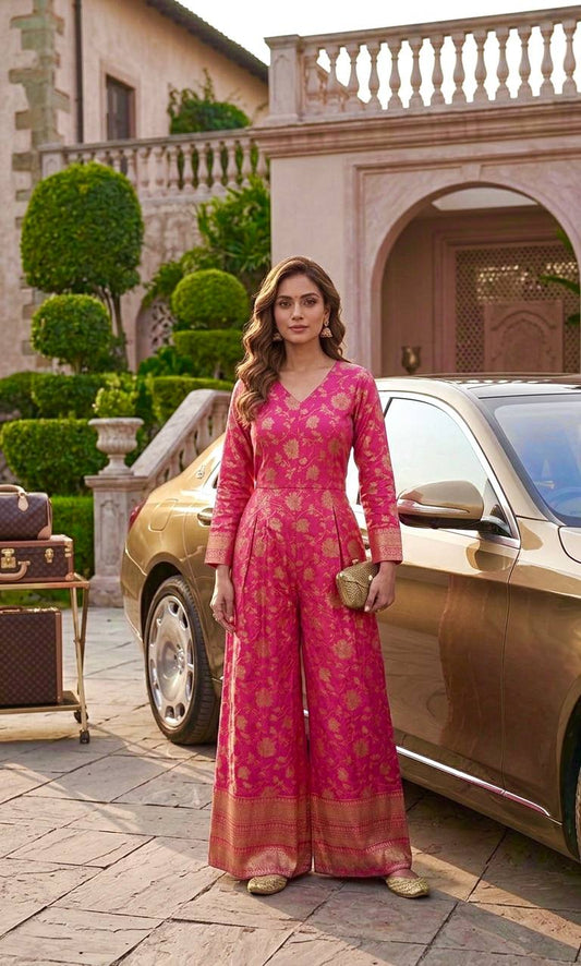 Banarasi silk jacquard jumpsuit with pocket & back zip