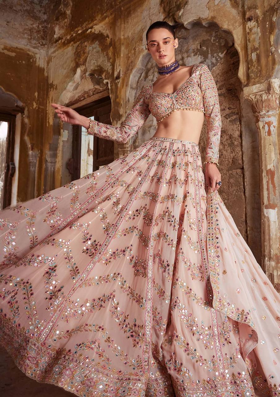 Faux georgette lehenga with paper mirror zari & thread work Lehenga Collection