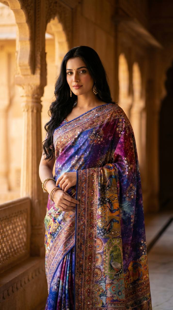 Roman Silk With ajarakh Print Saree