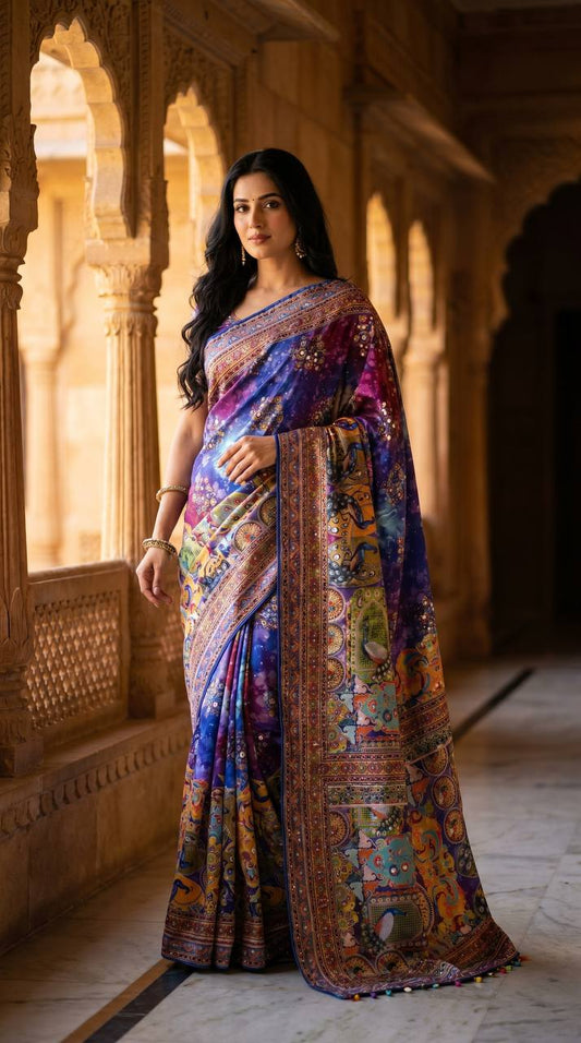 Roman Silk With ajarakh Print Saree