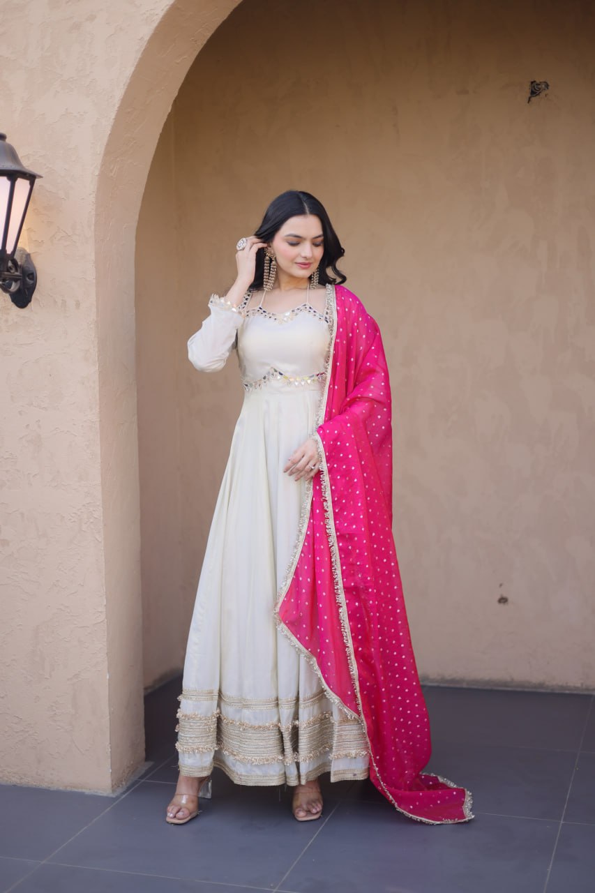Cosmos with Real Mirror with Zari Embroidered lace work gown