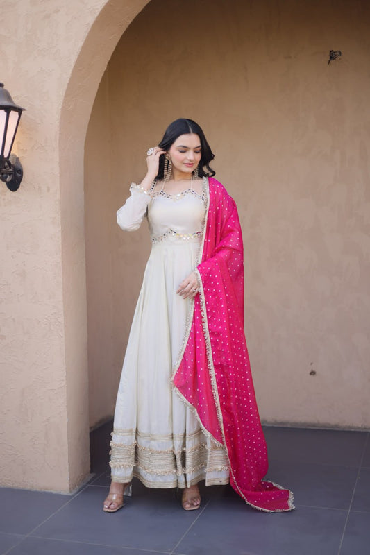 Cosmos with Real Mirror with Zari Embroidered lace work gown