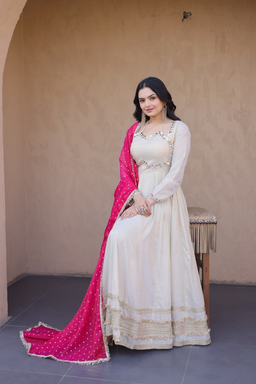 Cosmos with Real Mirror with Zari Embroidered lace work gown