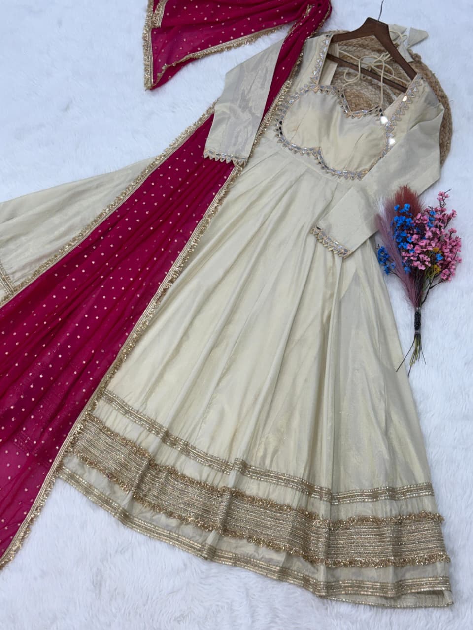 Cosmos with Real Mirror with Zari Embroidered lace work gown