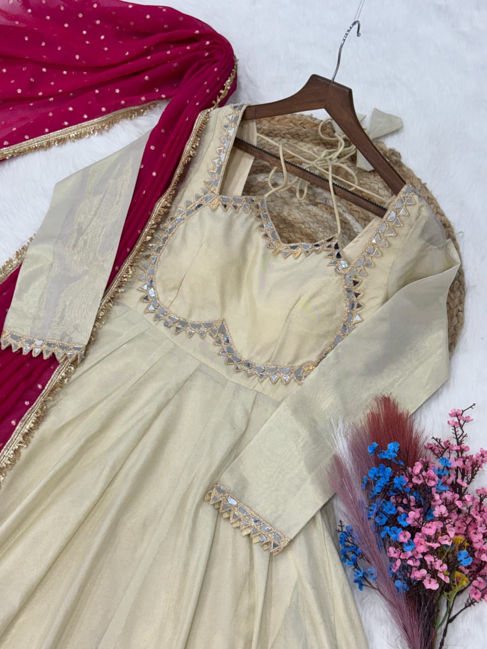 Cosmos with Real Mirror with Zari Embroidered lace work gown