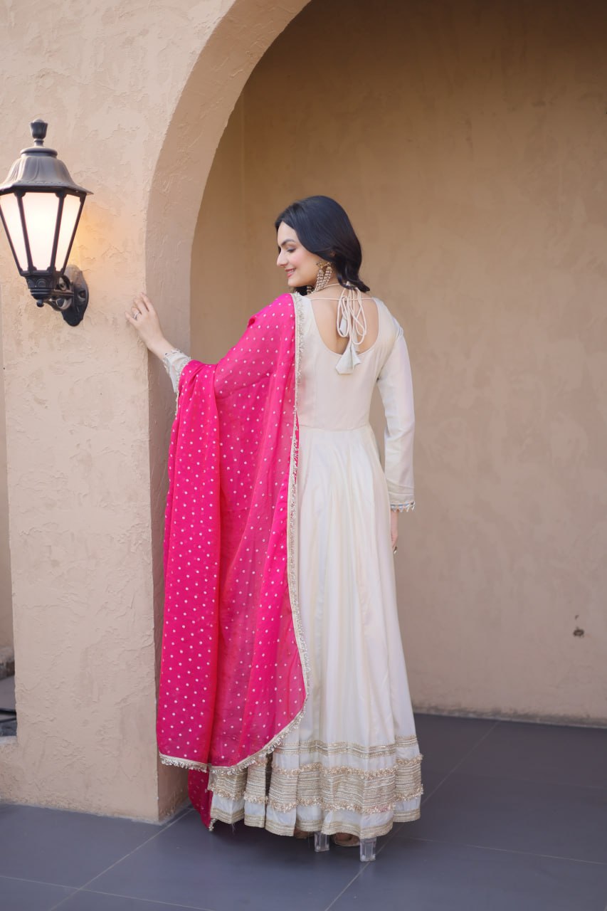 Cosmos with Real Mirror with Zari Embroidered lace work gown