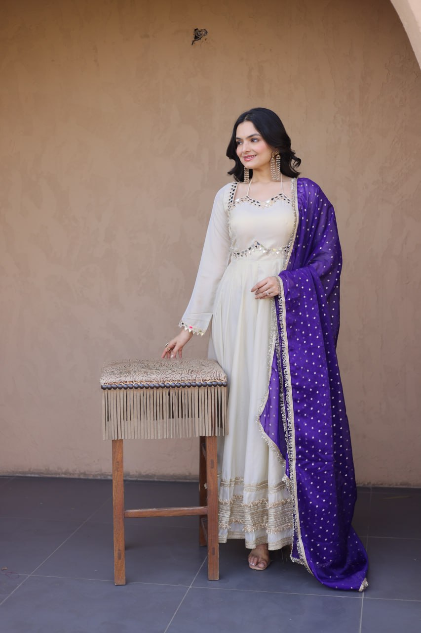 Cosmos with Real Mirror with Zari Embroidered lace work gown