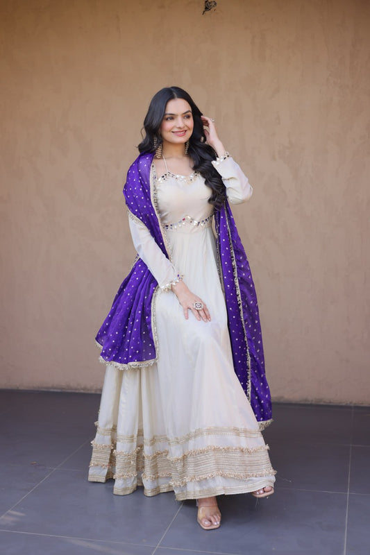 Cosmos with Real Mirror with Zari Embroidered lace work gown