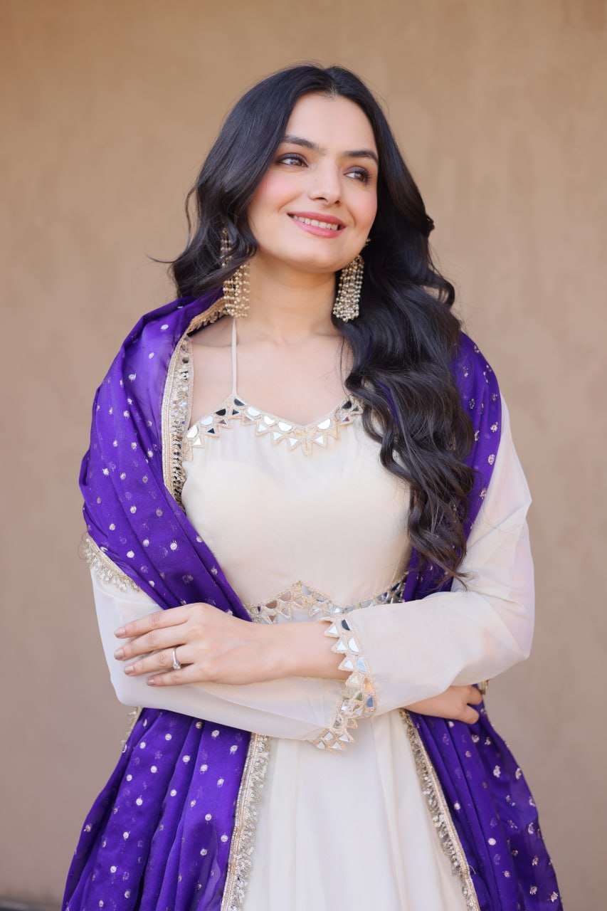 Cosmos with Real Mirror with Zari Embroidered lace work gown