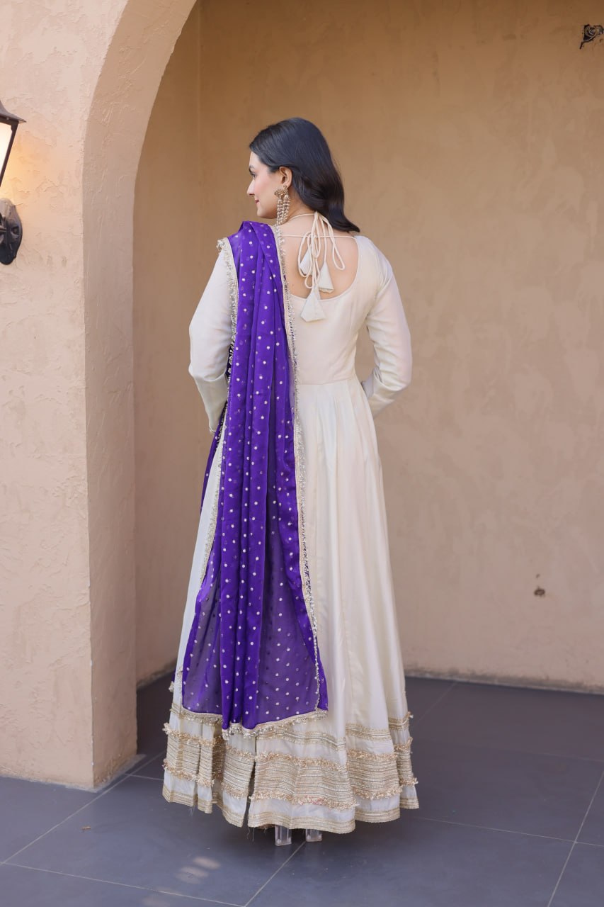 Cosmos with Real Mirror with Zari Embroidered lace work gown