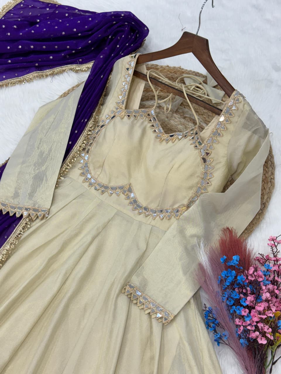 Cosmos with Real Mirror with Zari Embroidered lace work gown
