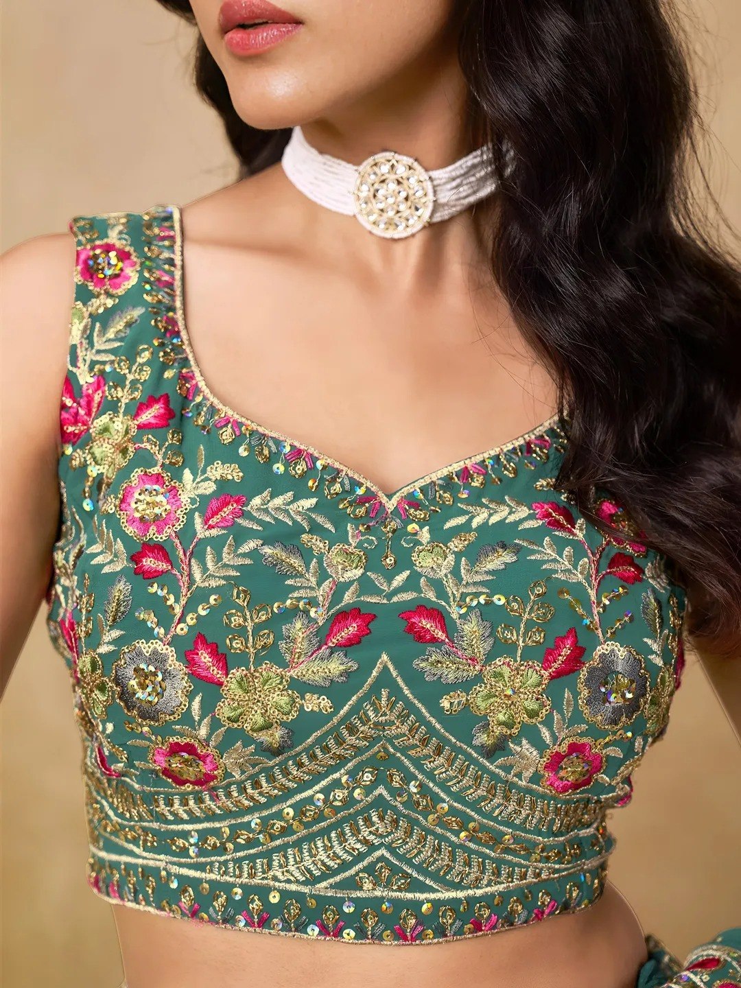 Georgette Thread Zari Sequence Embroidery Lehenga